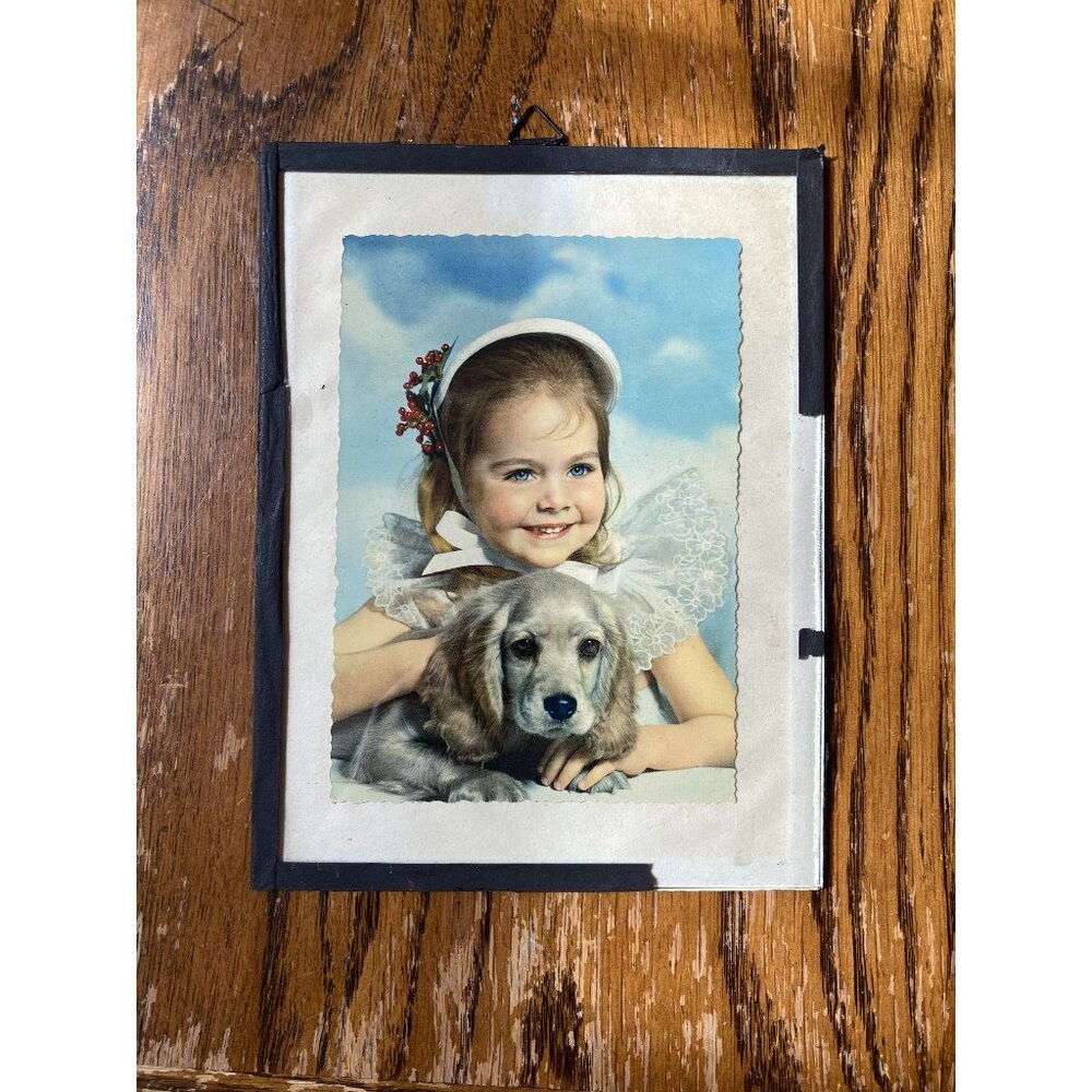 Vintage Framed Little Girl & Puppy Portrait Print